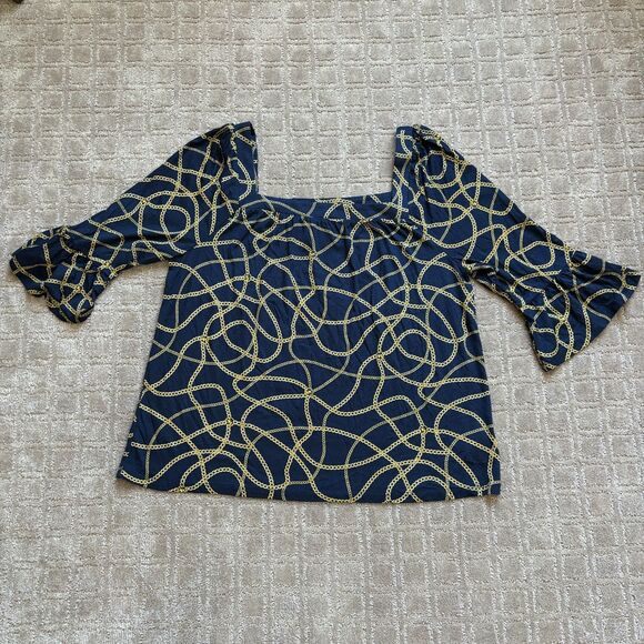 Michael Kors Navy Gold Chain Blouse Women's Large Nautical Peasant MK Logo NWT - Picture 1 of 11